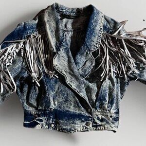 Outerwear by Phoenix Vintage Acid Washed Distressed Fringe Denim Jean Jacket